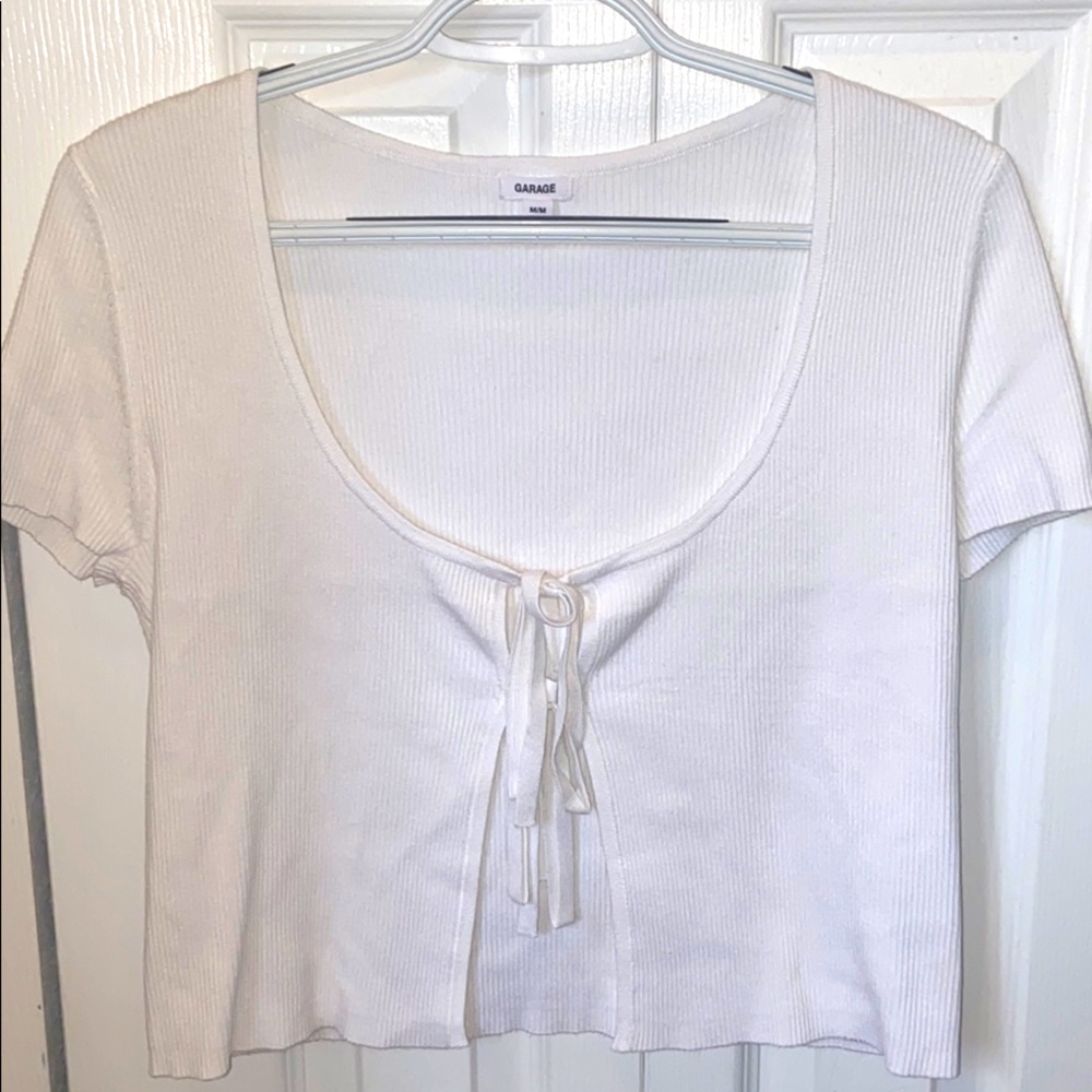 Garage White Short Sleeve Sweater Tie Front Medium